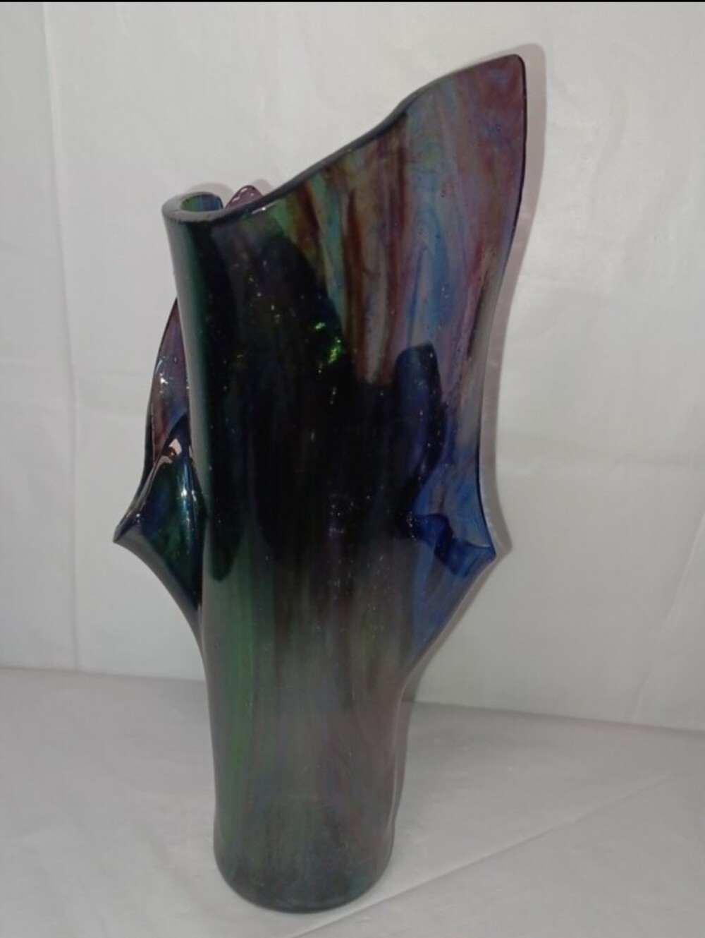 Handblown Slag Glass Handkerchief Vase Iridescent Multicolored Swirls Artist ALM